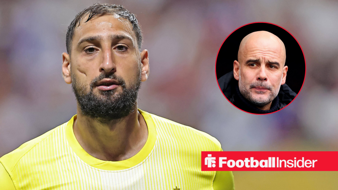 Man City's Gianluigi Donnarumma while in action for PSG with City boss Pep Guardiola looking his way confused right inset