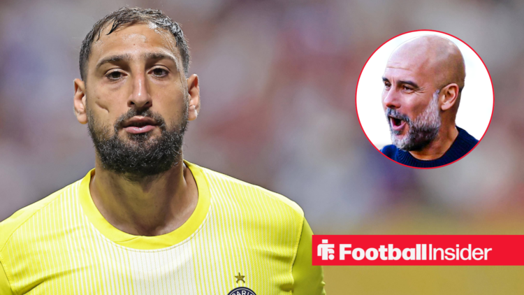 Gianluigi Donnarumma in action for PSG, alongside a circular inset of Manchester City manager Pep Guardiola.