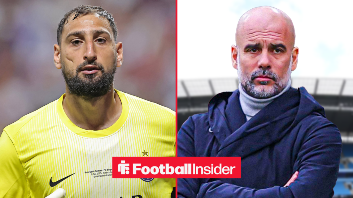 Gianluigi Donnarumma in a PSG shirt alongside Pep Guardiola with his arms folded