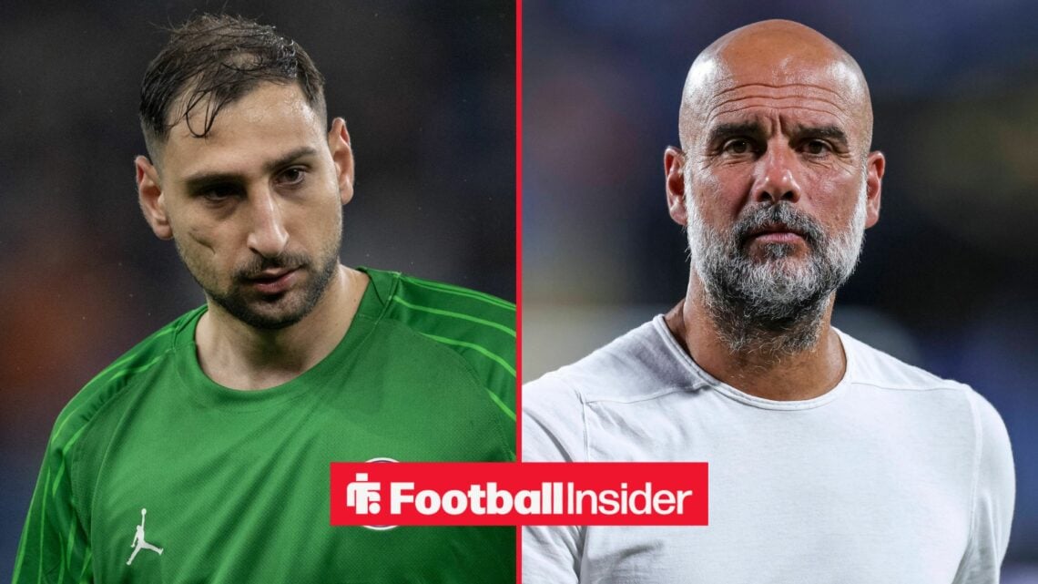 Gianluigi Donnarumma in a PSG shirt alongside Pep Guardiola in a white t-shirt