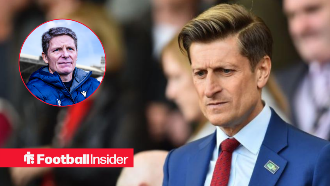 Steve Parish in a suit, Oliver Glasner in a circular inset