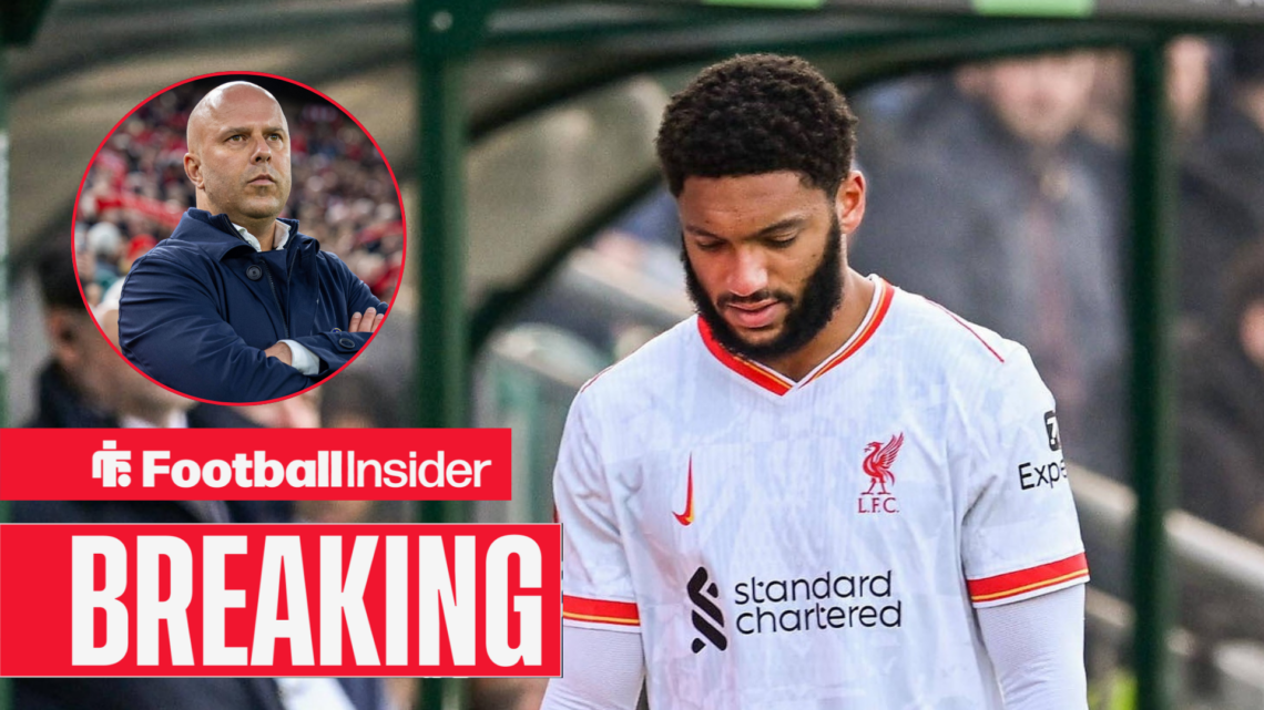 Joe Gomez in a Liverpool kit, Arne Slot in a circular inset