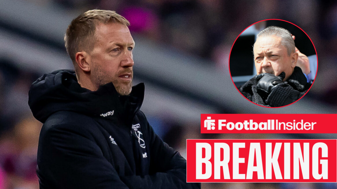 Graham Potter on the sidelines for West Ham, with David Sullivan in a circular inset