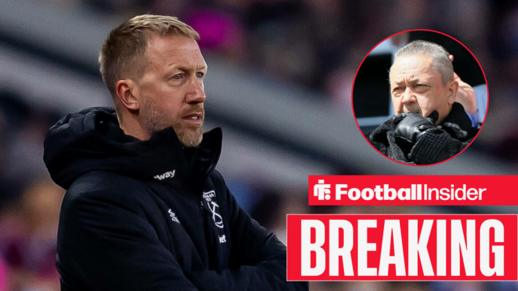 Graham Potter on the sidelines for West Ham, with David Sullivan in a circular inset