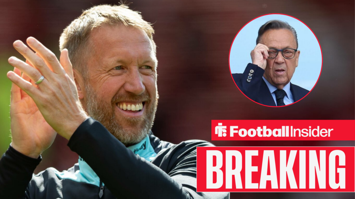 West Ham boss Graham Potter clapping while smiling with owner David Sullivan in the stands right inset