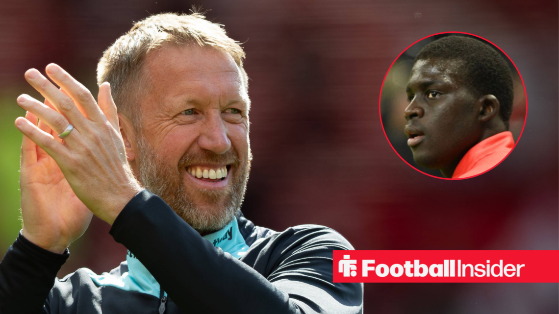 West Ham manager Graham Potter smiling and clapping supporters, alongside a circular inset of El Hadji Malick Diouf.