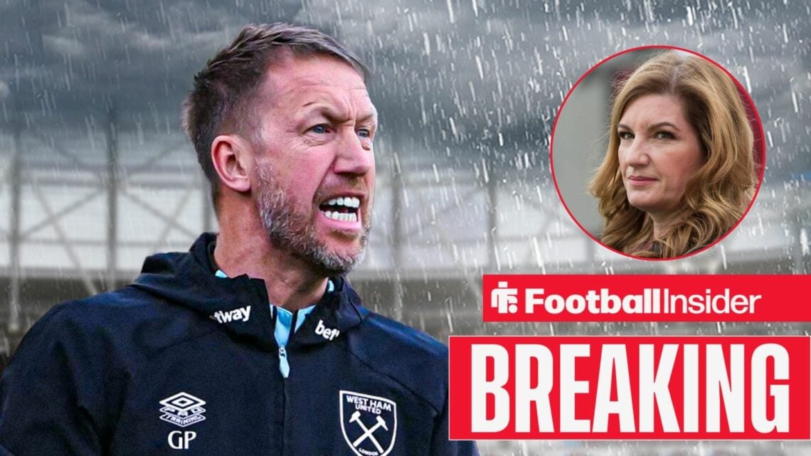 Former West Ham United boss Graham Potter looking concerned alongside an image of Karen Brady
