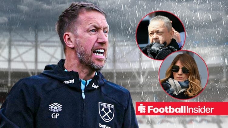 West Ham's Graham Potter looking angry with owners Karen Brady and David Sullivan watching on