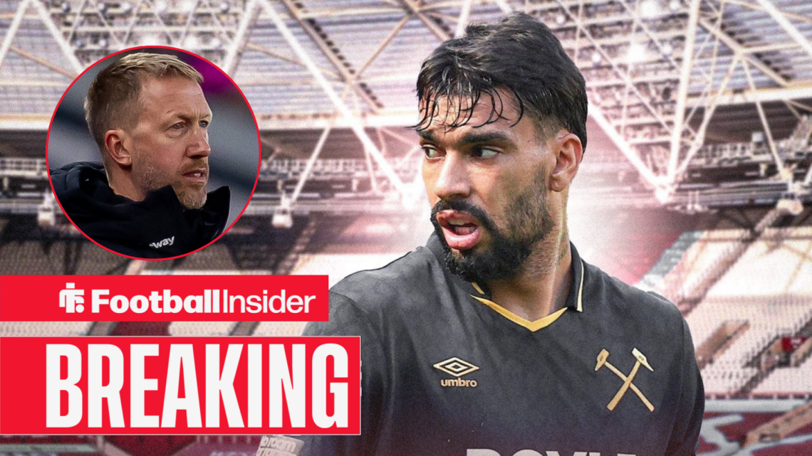 Lucas Paqueta representing West Ham at the London Stadium, with Graham Potter in a circular inset