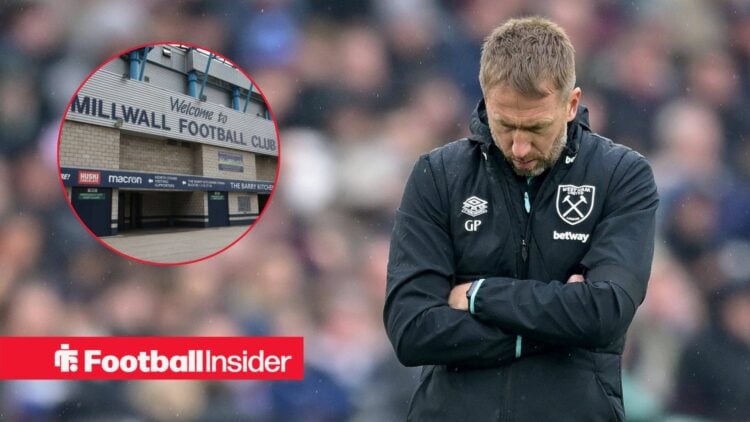 Graham Potter looking at the floor, The Den in a circular inset