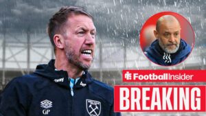 Former West Ham United boss Graham Potter looking concerned alongside a headshot of Nuno Espirito Santo