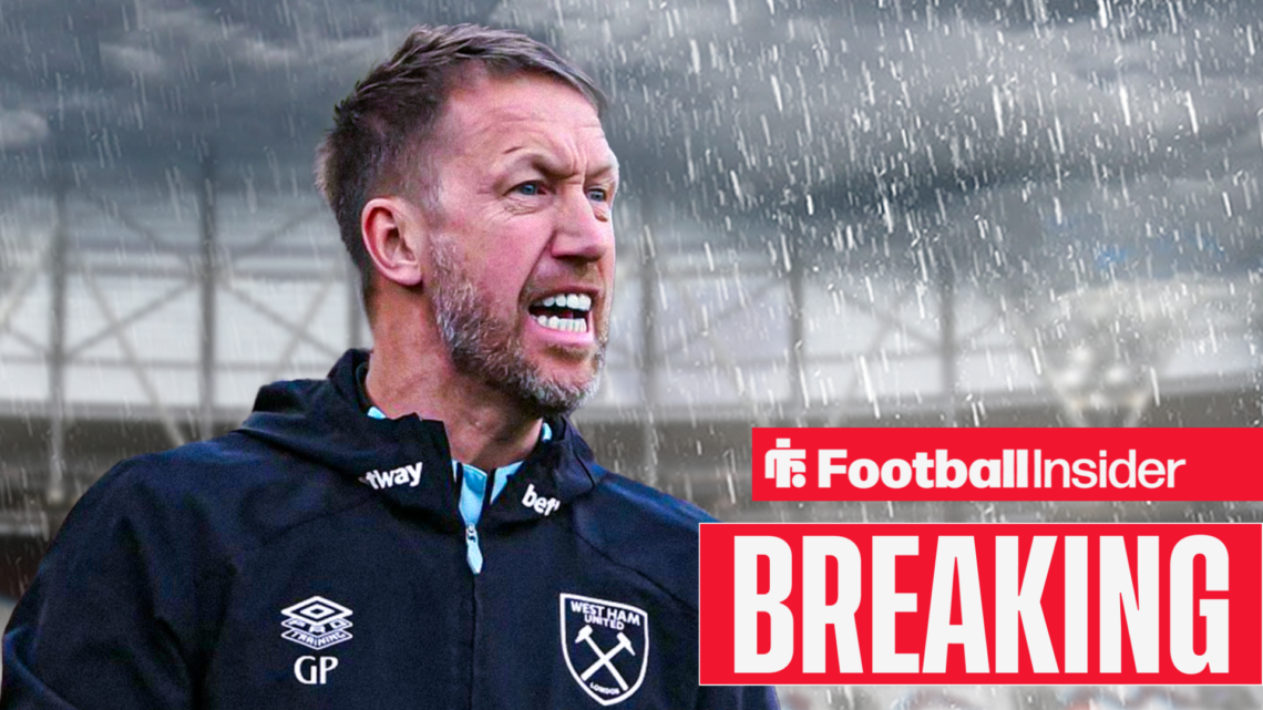 Graham Potter looking angry in the rain at the London Stadium