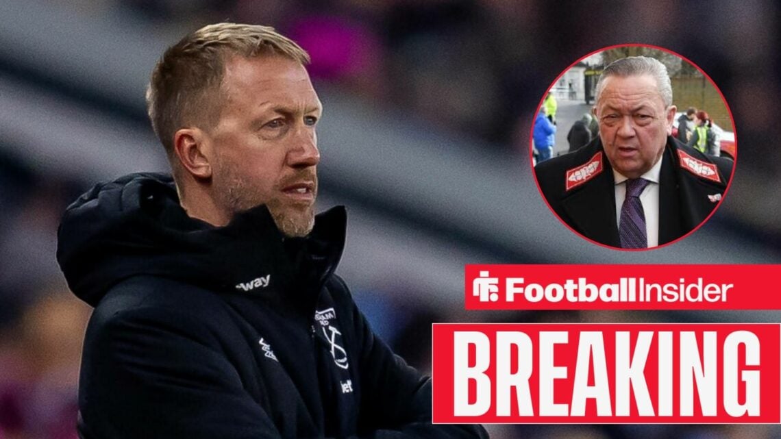 Graham Potter on the sidelines at West Ham, with David Sullivan in a circular inset