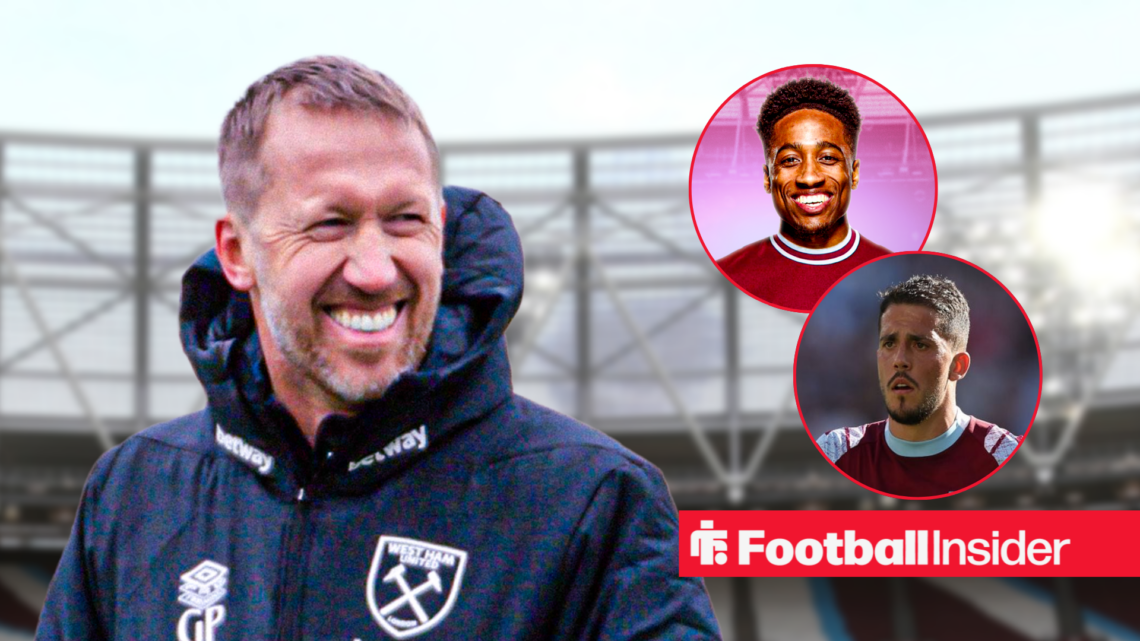 Graham Potter in West Ham coat with Kyle Walker-Peters and Pablo Fornals