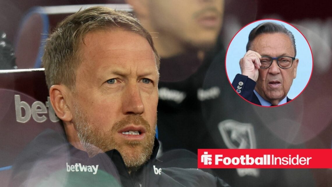 Graham Potter sat on the bench looking serious with a squinting David Sullivan on the right