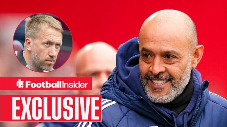 Graham Potter sad on left with Nuno Espirito Santo smiling on right