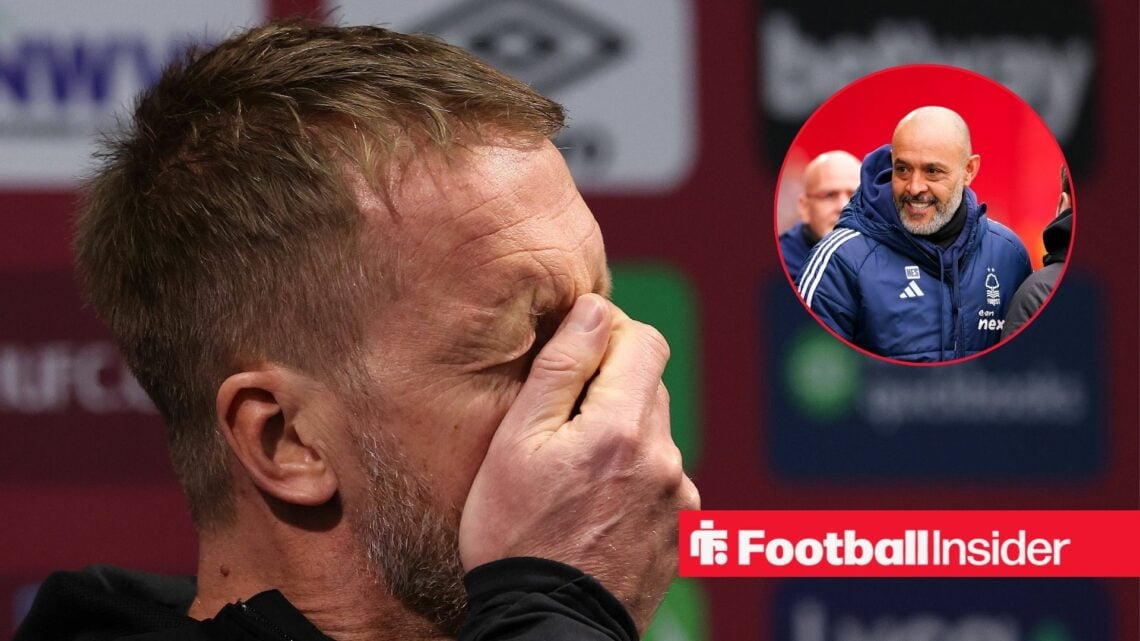 Graham Potter with his head in his hands and Nuno Espirito Santo in inset