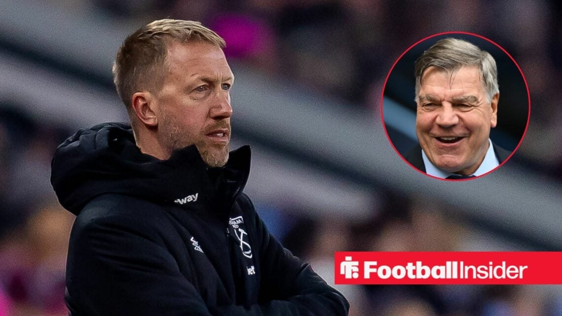 Graham Potter looking worried on the left with Sam Allardyce grinning on the right-hand side