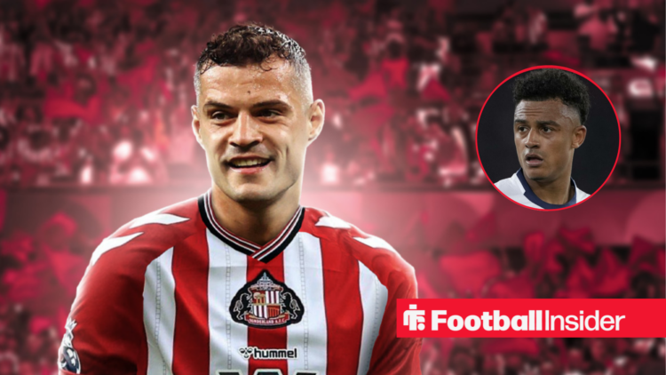 Granit Xhaka in a Sunderland shirt alongside an image of Nottingham Forest star Dan Ndoye