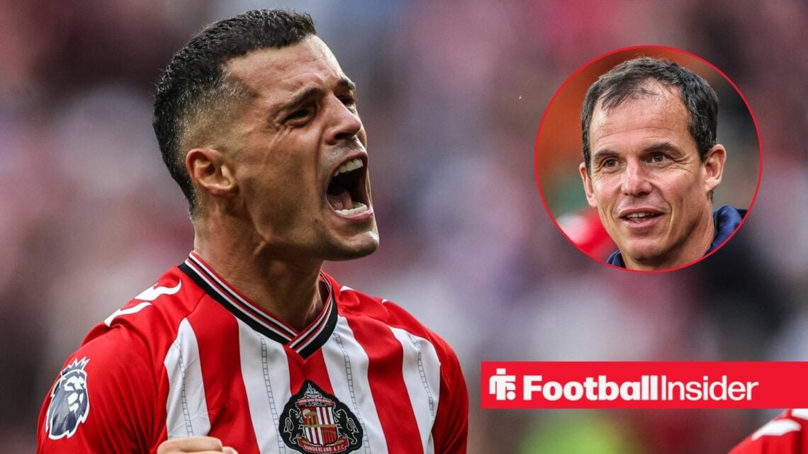 Granit Xhaka pumped on the left with Regis Le Bris smiling on the right
