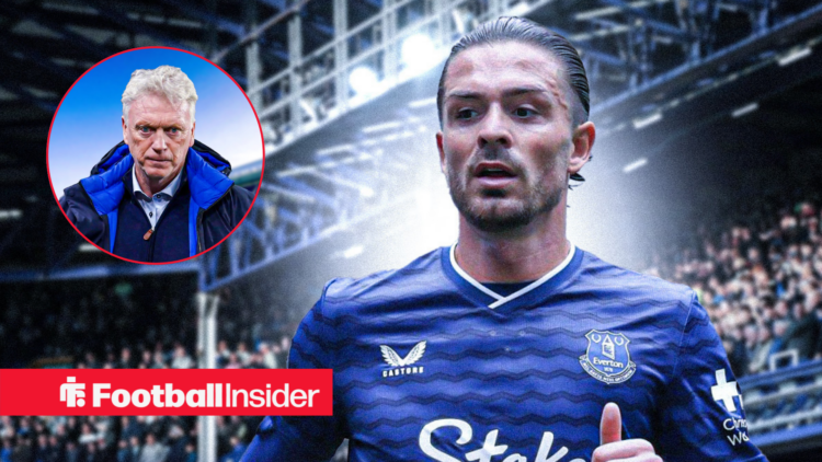 David Moyes in a circular inset, Jack Grealish in an Everton kit