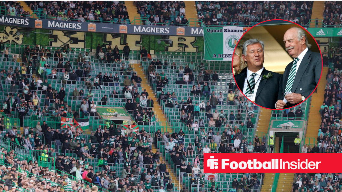 Celtic Park with empty seats in the North Curve area of the ground alongside a circular inset of the Celtic owners