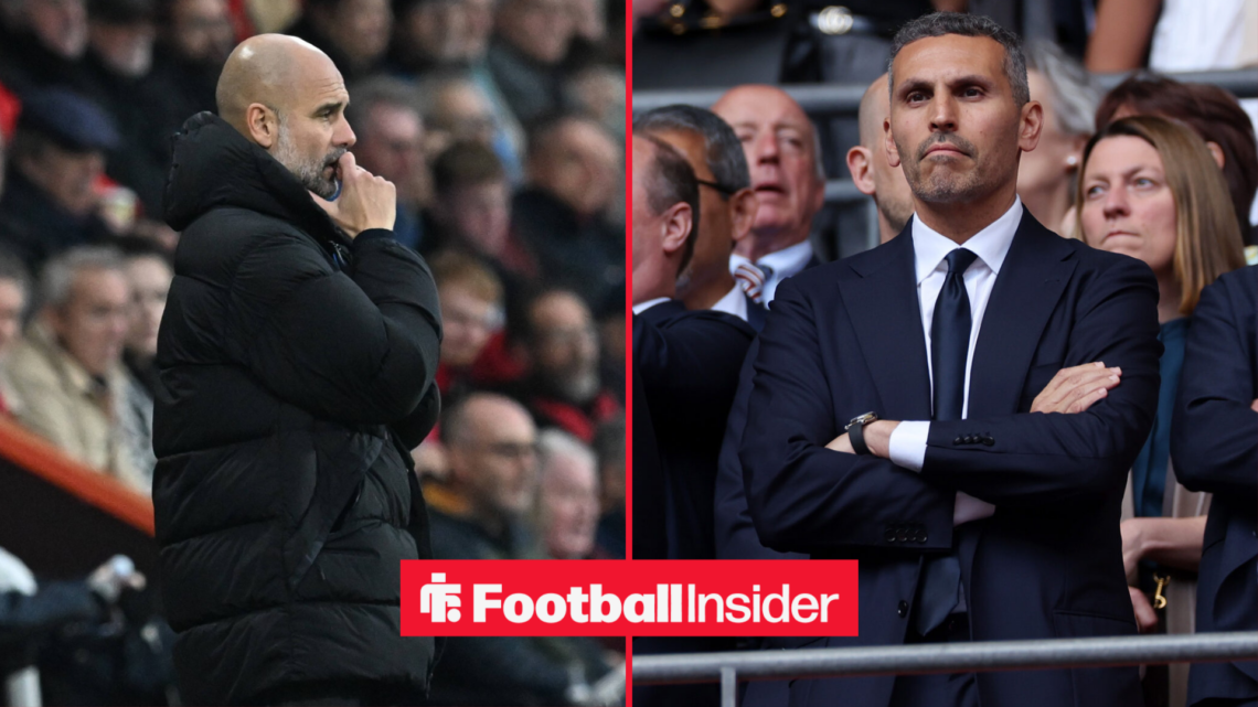 Pep Guardiola next to Khaldoon Al Mubarak with his arms crossed