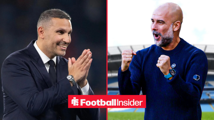 Pep Guardiola and Khaldoon Al Mubarak celebrating next to each other.