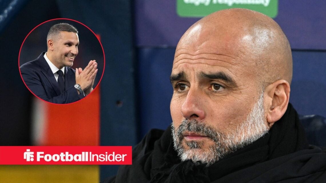 Pep Guardiola alongside Khaldoon Al Mubarak in a circular inset