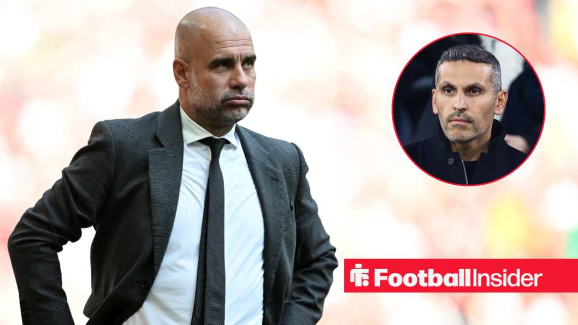 Pep Guardiola alongside Khaldoon Al Mubarak in a circular inset