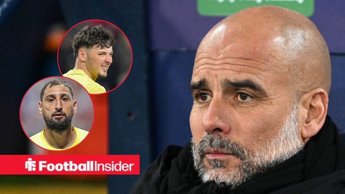 Pep Guardiola looks at James Trafford and Gianluigi Donnarumma in circular insets