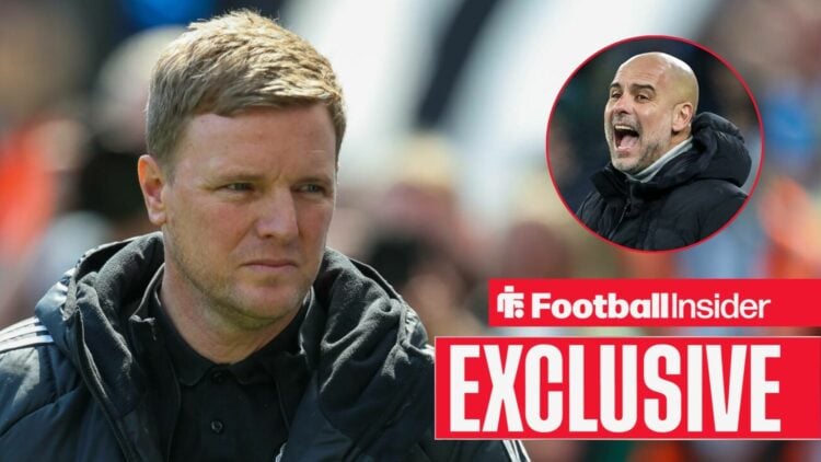 Eddie Howe looks on at Pep Guardiola in a circular inset