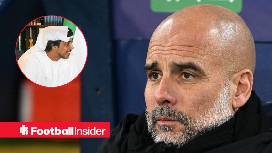 Pep Guardiola looking at a circular inset of Sheikh Mansour