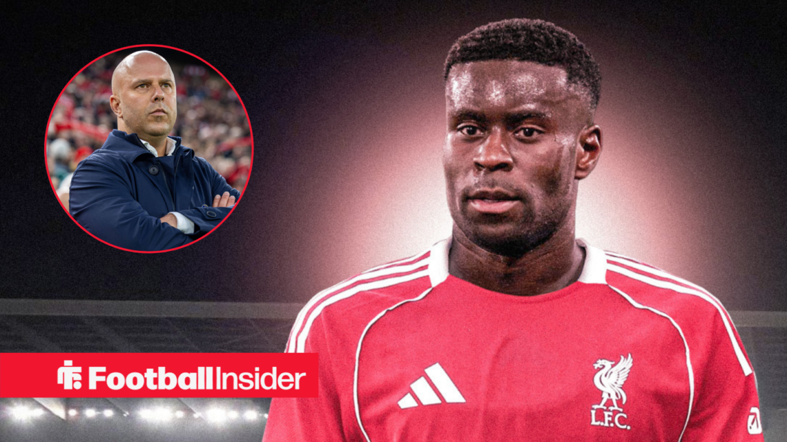 Marc Guehi in a Liverpool shirt, Arne Slot in a circular inset.