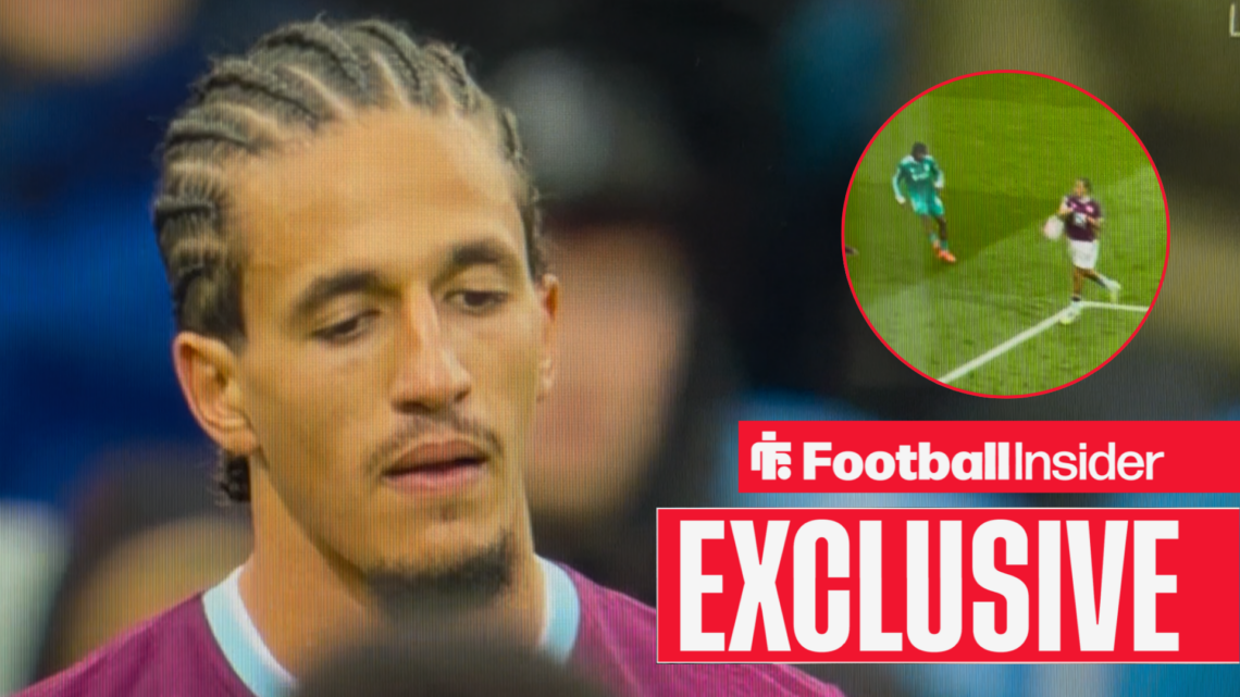 Hannibal Medjbri looking disappointed on the left with a handball incident on the right above an exclusive banner