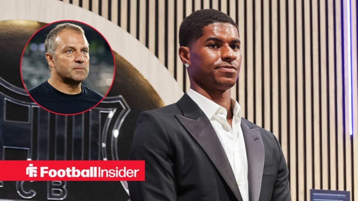 Barcelona boss Hansi Flick in a circular frame alongside Marcus Rashford in a suit