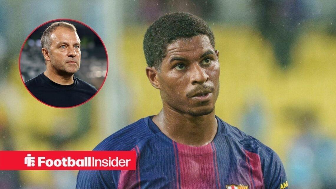 Barcelona boss Hansi Flick in a circular frame alongside Marcus Rashford in a Barcelona home shirt