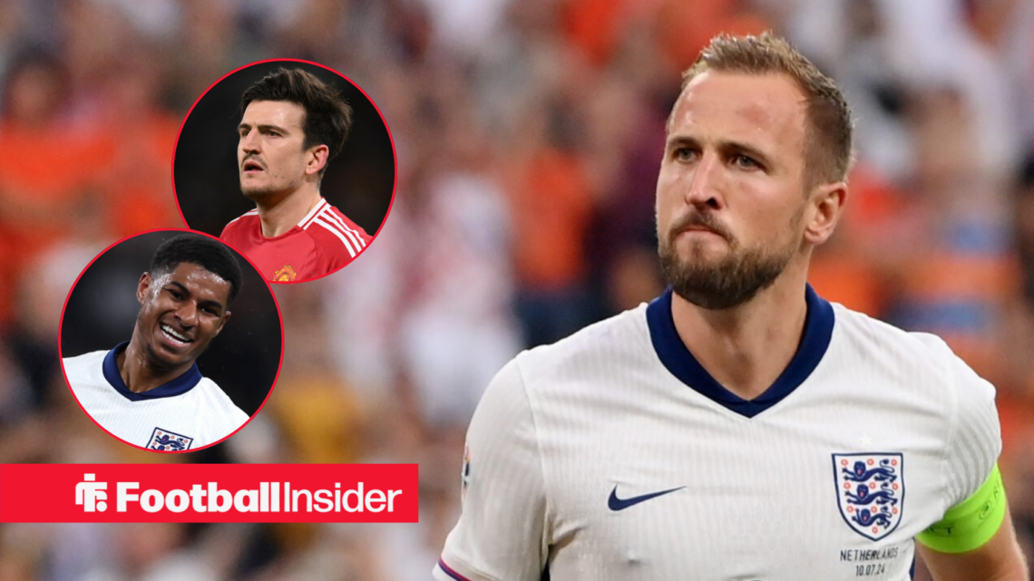 Harry Kane in England shirt with Marcus Rashford and Harry Maguire