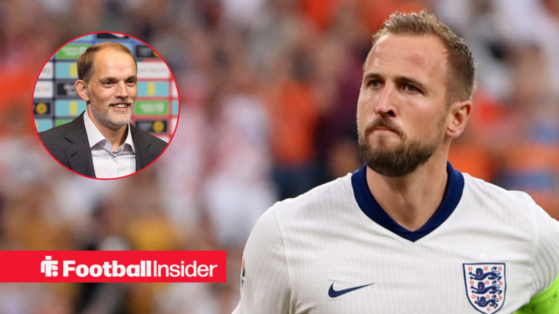 Harry Kane in home England shirt with Thomas Tuchel inset
