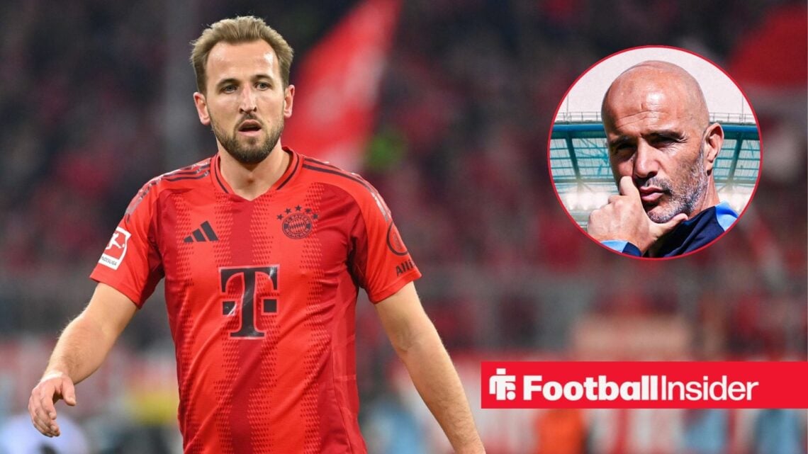 Bayern Munich striker Harry Kane alongside a circular inset of Chelsea manager Enzo Maresca.