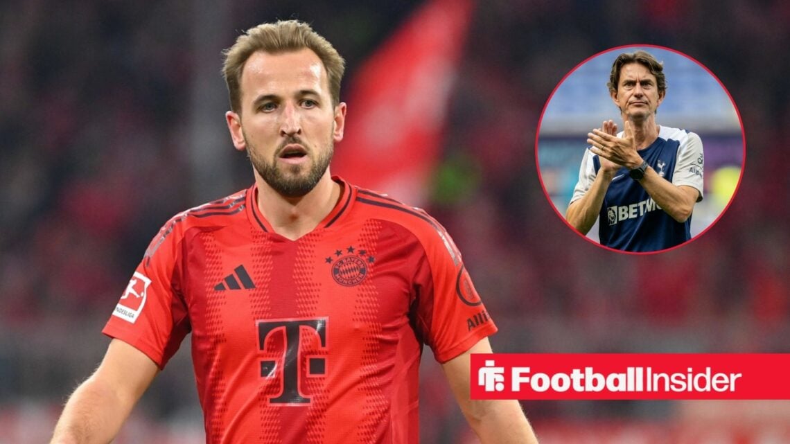Harry Kane in a Bayern shirt alongside an image of Tottenham boss Thomas Frank in a circular frame