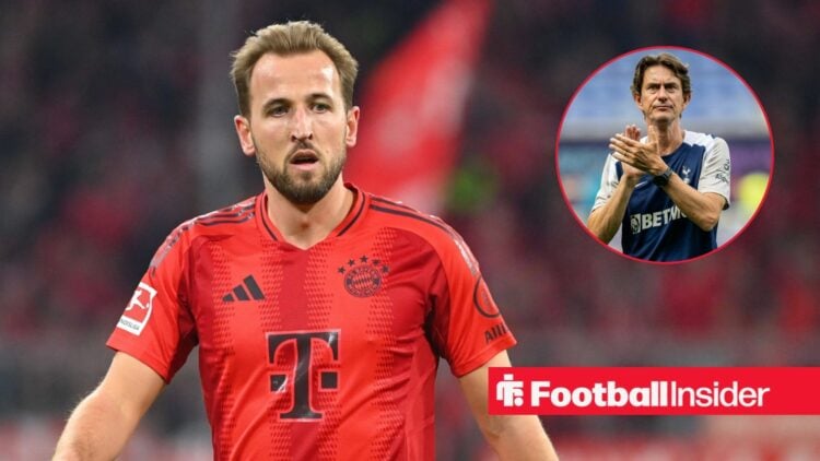 Harry Kane in a Bayern shirt alongside an image of Tottenham boss Thomas Frank in a circular frame