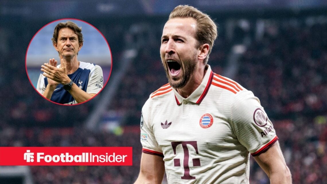 Harry Kane in a Bayern Munich shirt with Thomas Frank included in a circular inset