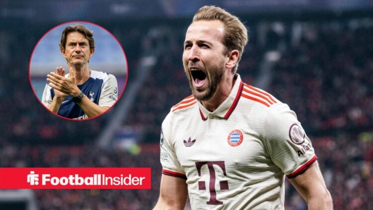 Harry Kane in a Bayern Munich shirt with Thomas Frank included in a circular inset