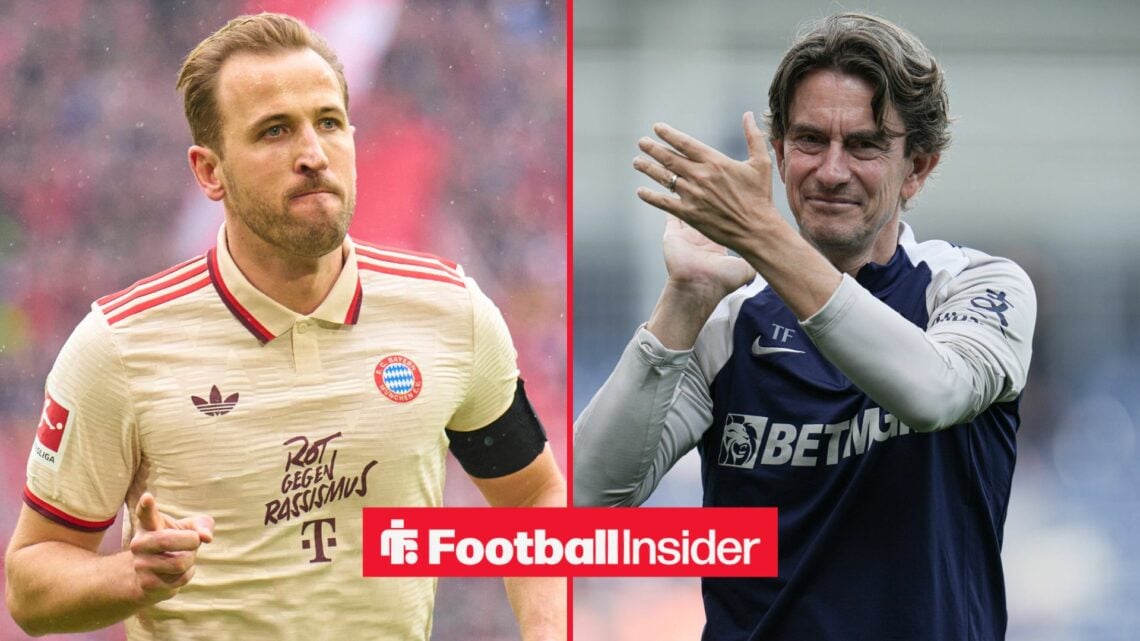 Harry Kane in a Bayern Munich shirt alongside Thomas Frank clapping