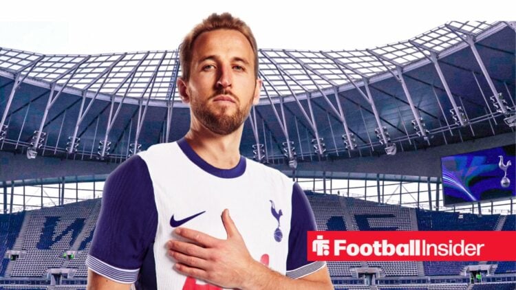 Harry Kane looking proud in Tottenham shirt in front of stadium