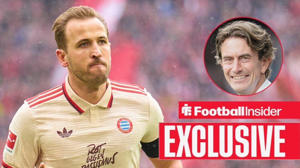 Harry Kane looking pumped on the left with Thomas Frank smiling on the right above an EXCLUSIVE banner