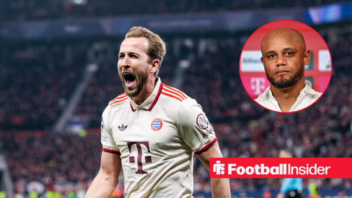 Harry Kane in a white Bayern Munich kit and Vincent Kompany in a white top in a red circle