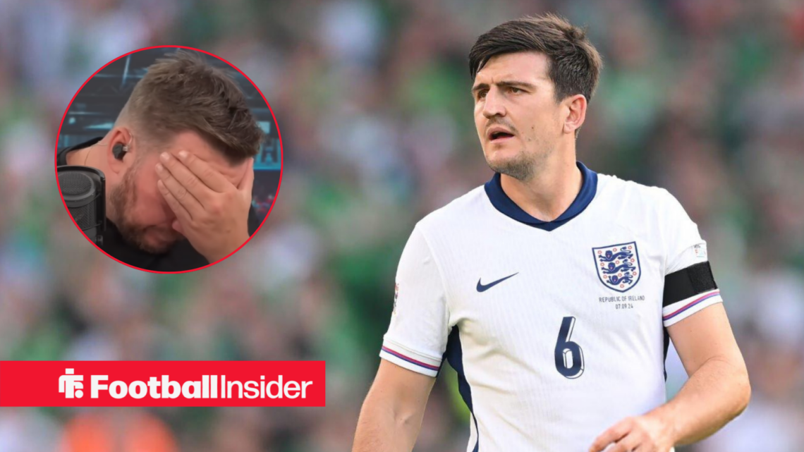 Harry Maguire in an England shirt, Jamie O'Hara with his head in his hand in a circular inset