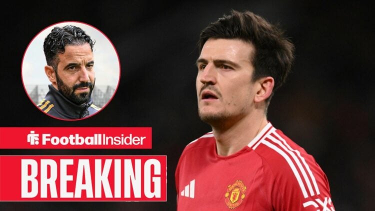 Harry Maguire in action for Man United with Ruben Amorim in a circular inset